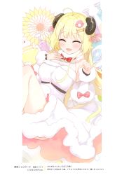 Rule 34 | 1girl, :d, absurdres, ahoge, bare shoulders, blonde hair, blush, bow, breasts, closed eyes, detached sleeves, dress, flower, fur-trimmed dress, fur-trimmed sleeves, fur collar, fur trim, fuumi (radial engine), hair ornament, hair ribbon, hairclip, hands up, highres, hololive, horns, large breasts, long hair, long sleeves, open mouth, pink ribbon, red bow, ribbon, scan, sheep girl, sheep horns, sleeveless, sleeveless dress, smile, solo, tsunomaki watame, tsunomaki watame (1st costume), very long hair, vial, virtual youtuber, white dress