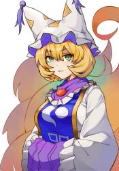 Rule 34 | 1girl, animal ears, blonde hair, dress, fox ears, fox tail, green eyes, hands in opposite sleeves, hat, highres, looking at viewer, mob cap, onionmay, open mouth, short hair, simple background, sleeves past fingers, sleeves past wrists, slit pupils, tabard, tail, touhou, upper body, white background, white dress, white headwear, wide sleeves, yakumo ran