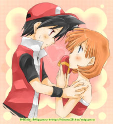 Rule 34 | 1boy, 1girl, bare shoulders, black hair, blue eyes, blunt bangs, blush, couple, creatures (company), eye contact, face-to-face, game freak, gift, gym leader, hat, heart, hetero, holding, holding gift, looking at another, lowres, misty (pokemon), nervous, nintendo, orange hair, pokemon, pokemon adventures, popped collar, red (pokemon), red eyes, short hair, strapless, tube top, valentine, waka mippou, watermark, web address, wristband
