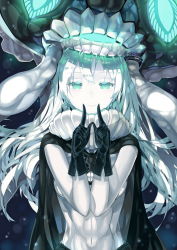 Rule 34 | 10s, 1girl, abyssal ship, cape, fingersmile, gloves, glowing, glowing eyes, green eyes, hat, highres, kantai collection, leung ka che, long hair, navel, open mouth, pale skin, smile, solo, teeth, wo-class aircraft carrier