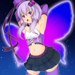 Rule 34 | 1girl, arm behind head, armpits, bad id, bad pixiv id, butterfly wings, elbow gloves, gloves, hair ornament, hat, insect wings, long hair, looking at viewer, navel, okuri banto, open mouth, purple eyes, purple hair, solo, twintails, vocaloid, voiceroid, wings, yuzuki yukari
