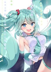 Rule 34 | 1girl, :d, absurdres, aqua hair, artist name, blue eyes, blush, breasts, cheli (kso1564), detached sleeves, floating hair, hatsune miku, highres, long hair, looking at viewer, medium breasts, necktie, open mouth, skirt, smile, solo, star (symbol), thighhighs, twintails, very long hair, vocaloid, white background
