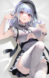 Rule 34 | 1girl, apron, azur lane, black skirt, blush, breasts, clothing cutout, commentary, dido (azur lane), dodota, earrings, hairband, hand in own hair, high-waist skirt, highres, jewelry, knee up, looking at viewer, lying, maid apron, medium breasts, medium hair, on back, open mouth, red eyes, shadow, shirt, silver hair, skirt, sleeveless, solo, thighhighs, thighs, underboob, underboob cutout, white shirt, white thighhighs, wrist cuffs