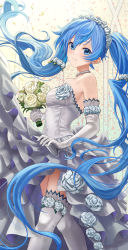 Rule 34 | 1girl, absurdres, bare shoulders, blue eyes, blue hair, bouquet, breasts, bride, dress, flower, frilled dress, frills, hair flower, hair ornament, hatsune miku, highres, long hair, looking at viewer, medium breasts, parted bangs, parted lips, petals, silvertsuki, smile, solo, strapless, strapless dress, thighhighs, tube dress, twintails, vocaloid, wedding dress, white dress, white flower, white thighhighs