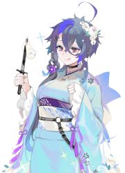Rule 34 | 1girl, ahoge, azur lane, bad id, bad twitter id, choker, colored inner hair, dagger, eyeshadow, flower, foch (azur lane), hair flower, hair ornament, highres, japanese clothes, knife, le malin (azur lane), makeup, multicolored eyes, multicolored hair, ohisashiburi, purple eyes, purple hair, red eyes, solo, tongue, tongue out, weapon