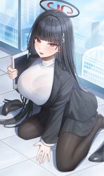 Rule 34 | 1girl, absurdres, black footwear, black hair, black jacket, black pantyhose, black skirt, black suit, blue archive, blunt bangs, blush, bra visible through clothes, breasts, city, commentary, day, formal, full body, hair intakes, hair ornament, hairclip, halo, high heels, highres, holding, holding tablet pc, indoors, jacket, kangse415, large breasts, long hair, long sleeves, looking at viewer, miniskirt, no shoes, open mouth, pantyhose, pleated skirt, red eyes, rio (blue archive), shirt, shoes, unworn shoes, sitting, skirt, solo, straight hair, suit, sweatdrop, tablet pc, tile floor, tiles, turtleneck, very long hair, wariza, white shirt, window