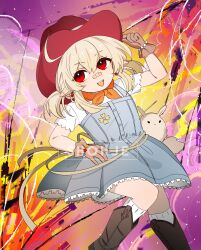 Rule 34 | 1girl, absurdres, bandaid, bandaid on face, bandaid on nose, blonde hair, boots, brown footwear, brown gloves, child, cowboy hat, dodoco (genshin impact), earrings, elf, genshin impact, gloves, grey skirt, hat, highres, jewelry, klee (genshin impact), looking at viewer, open mouth, pointy ears, red eyes, red headwear, shirt, shohje, short twintails, skirt, smile, suspender skirt, suspenders, twintails, white shirt