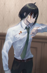 Rule 34 | 1boy, belt, black hair, black pants, blood, blood on clothes, blood on face, blood on hands, brown belt, collared shirt, frown, green necktie, highres, indoors, injury, kikuyoshi (tracco), long sleeves, male focus, necktie, pants, red eyes, shirt, short hair, signature, spy x family, white shirt, yuri briar