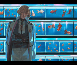 Rule 34 | 1boy, aquarium, black gloves, black shirt, blonde hair, chinese commentary, closed mouth, commentary request, cowboy shot, dated commentary, fish, gloves, higekiri (touken ranbu), jacket, jacket on shoulders, letterboxed, long sleeves, looking down, male focus, military, military uniform, pants, shirt, short hair, solo, tassel, touken ranbu, uniform, white jacket, white pants, yellow eyes, zi tsas