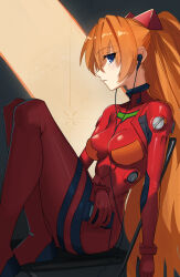 Rule 34 | 1girl, ass, blue eyes, bodysuit, breasts, brown hair, cassette player, expressionless, gloves, hair ornament, highres, legs together, long hair, looking at viewer, looking to the side, medium breasts, neon genesis evangelion, nstch root a, pilot suit, plugsuit, red bodysuit, simple background, sitting, skin tight, solo, souryuu asuka langley, wide hips