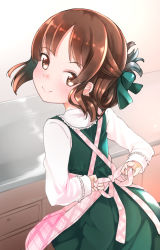 Rule 34 | 1girl, apron, blush, bow, brown eyes, brown hair, closed mouth, comah, commentary request, counter, countertop, dress, folded ponytail, from behind, green bow, green dress, hair bow, head tilt, idolmaster, idolmaster cinderella girls, indoors, long hair, long sleeves, looking at viewer, looking back, pink apron, plaid, plaid apron, shirt, sidelocks, smile, solo, tachibana arisu, tying apron, white shirt