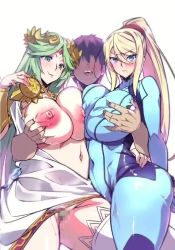 Rule 34 | 1boy, 2girls, angry, animated, asymmetrical docking, bodysuit, breast press, breasts, breasts out, covered erect nipples, covered navel, dress, female pubic hair, grabbing, grabbing another&#039;s breast, grabbing from behind, groping, happy, kid icarus, large breasts, lowres, metroid, mole, mole under mouth, multiple girls, nintendo, nipples, no bra, no panties, palutena, pimp, pubic hair, s doubt90, samus aran, skin tight, super smash bros., tagme, video, zero suit