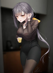 Rule 34 | 1girl, absurdres, black survival, bralines, breasts, cleavage, collarbone, cowboy shot, cup, dr. nadja, drooling, eternal return: black survival, grey hair, grey shirt, hair ribbon, highres, holding, holding cup, jewelry, large breasts, long hair, looking at viewer, narrow waist, open mouth, pantyhose, pencil skirt, pendant, phoenix97, ribbon, saliva, shirt, skirt, solo, watch, wristwatch, yellow eyes