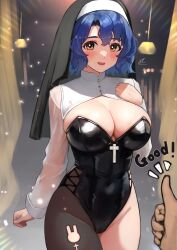 Rule 34 | 1boy, 1girl, alternate costume, black leotard, black pantyhose, blue hair, blush, breasts, c (theta), cleavage, commentary request, cross, fishnet pantyhose, fishnets, highres, idolmaster, idolmaster million live!, large breasts, leotard, long sleeves, looking at viewer, nun, open mouth, pantyhose, pov, see-through, see-through sleeves, short hair, single leg pantyhose, smile, solo, thighs, toyokawa fuka, yellow eyes