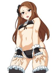 Rule 34 | 10s, 1girl, alternate costume, bare shoulders, bikini, black bikini, black thighhighs, breasts, brown eyes, brown hair, embarrassed, frilled bikini, frilled thighhighs, frills, from below, hisakawa riho, idolmaster, idolmaster (classic), idolmaster 2, looking at viewer, minase iori, navel, open mouth, small breasts, solo, stomach, swimsuit, thighhighs, wrist cuffs
