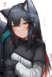 Rule 34 | ..., 1girl, 1other, absurdres, ambiguous gender, arknights, black gloves, black hair, black jacket, blush, breasts, colored inner hair, extra ears, gloves, hair between eyes, heart, highres, jacket, long hair, looking at viewer, multicolored hair, simple background, small breasts, solo focus, tab head, texas (arknights), two-tone hair, white background, white jacket, yellow eyes