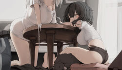 Rule 34 | 2girls, ass, barefoot, black hair, black shorts, breasts, cleavage, commentary request, curtains, genek, grey hair, indoors, kneeling, large breasts, looking at viewer, multiple girls, original, shirt, short hair, shorts, sitting, t-shirt, table, thighs, toes, white shirt, window, yellow eyes