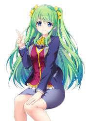 Rule 34 | 1girl, blue eyes, blue jacket, breasts, commission, green hair, hair ribbon, higa yukari, index finger raised, jacket, large breasts, long hair, looking at viewer, miniskirt, office lady, ribbon, saiwa konomi, simple background, sitting, skirt, solo, thighs, twintails, twitter, white background