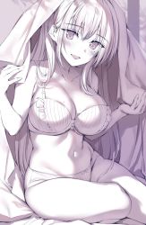 Rule 34 | 1girl, bare arms, bare shoulders, blanket, bra, breasts, cleavage, collarbone, frilled bra, frills, greyscale, highres, large breasts, long hair, looking at viewer, mole, mole on breast, mole under eye, monochrome, navel, open mouth, original, oryo (oryo04), sitting, smile, solo, stomach, thighs, under covers, underwear, underwear only