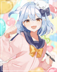 Rule 34 | 1boy, absurdres, bad id, bad pixiv id, blue hair, blush, bow, bowtie, cardigan, collarbone, dog hair ornament, fang, hair between eyes, hair bow, hair ornament, highres, inuyama tamaki, long sleeves, looking at viewer, male focus, nabeniuitagomi, noripro, open mouth, paw pose, sailor collar, school uniform, serafuku, signature, skin fang, skirt, smile, solo, striped, stylus, trap, two side up, virtual youtuber
