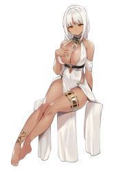 Rule 34 | 1girl, azur lane, bare shoulders, blush, body markings, breasts, brown eyes, center opening, cleavage, clothes between thighs, dark-skinned female, dark skin, dress, facial mark, forehead mark, full body, halter dress, halterneck, highres, jewelry, large breasts, long hair, looking at viewer, majocc (dusty051), massachusetts (azur lane), massachusetts (dressed to impress) (azur lane), native american, simple background, sitting, sleeveless, sleeveless dress, solo, tan, white background, white dress, white hair