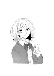 Rule 34 | 1girl, absurdres, bow, bowtie, cardigan, cellphone, closed mouth, collared shirt, commentary, cropped torso, dress shirt, greyscale, highres, holding, holding phone, honda sora, kashikaze, lonely girl ni sakaraenai, long sleeves, looking at viewer, monochrome, open cardigan, open clothes, phone, school uniform, screentones, shirt, short hair, smartphone, solo, upper body