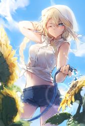 Rule 34 | 1girl, alternate costume, arm behind head, blonde hair, blouse, blue eyes, blush, braid, braided bangs, breasts, closed mouth, cowboy shot, day, denim, denim shorts, flower, g36 (girls&#039; frontline), girls&#039; frontline, hair between eyes, half-closed eye, highres, imoko (imonatsuki), light particles, long hair, looking at viewer, medium breasts, midriff, navel, one eye closed, outdoors, see-through, shirt, short shorts, short sleeves, shorts, sidelocks, solo, stomach, sunflower, sunlight, sweat, thighs, tied shirt, veil, very long hair, watering, wet, wet clothes, white shirt