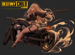 Rule 34 | 1girl, aiming, ass, ass cutout, black footwear, black jacket, blonde hair, bracelet, breasts, butt crack, cleavage, clothing cutout, collar, dark background, destiny child, full body, gun, high heels, highres, holding, holding gun, holding weapon, jacket, jewelry, kubaba (destiny child), large breasts, legs, lever-action shotgun, lever action, long hair, long sleeves, looking back, motor vehicle, motorcycle, nail polish, official art, open clothes, open jacket, orange eyes, parted lips, sawed-off shotgun, shell casing, shotgun, sitting, sitting on object, solo, spiked anklet, spiked bracelet, spiked collar, spikes, thigh strap, thong, weapon, zig90