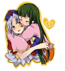 2girls biting biting_ear female_focus hat heart houraisan_kaguya hug kiss kuzumiya_yuyu long_hair multiple_girls silver_hair touhou yagokoro_eirin yuri