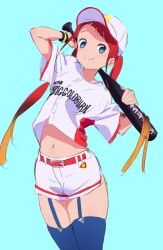 Rule 34 | 1girl, absurdres, akasakaa, asukagawa chise, baseball bat, baseball cap, baseball glove, baseball jersey, baseball uniform, blue eyes, braid, clothes lift, commentary request, gridman universe, gridman universe (film), hat, highres, holding, holding baseball bat, jersey, looking at viewer, midriff peek, mole, mole under mouth, navel, official alternate costume, red hair, shirt lift, smile, solo, sportswear, twin braids, twintails