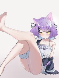 Rule 34 | 1girl, animal ears, ass, bandaged leg, bandages, barefoot, black jacket, black ribbon, blue hair, blush, cat ears, cat girl, colored inner hair, crossed legs, dress, fang, feet, foot up, frilled dress, frills, ghost hair ornament, hair ornament, hair ribbon, highres, jacket, legs, light blue hair, long sleeves, looking at viewer, microdress, multicolored hair, off shoulder, open clothes, open jacket, pleated dress, probably dylan, purple hair, ribbon, shinomiya runa, short hair, simple background, single bare shoulder, sitting, skin fang, sleeves past fingers, sleeves past wrists, solo, thighs, two side up, virtual youtuber, vspo!, white background, white dress, x hair ornament, yellow eyes