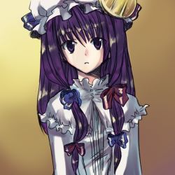 Rule 34 | 1girl, :o, beige background, crescent, dress, expressionless, female focus, frills, hat, long hair, long sleeves, looking at viewer, lowres, mob cap, onimaru gonpei, parted lips, patchouli knowledge, purple eyes, purple hair, simple background, solo, touhou, very long hair, white dress