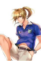 Rule 34 | 1boy, asino, belt, blonde hair, brown eyes, hands in pockets, highres, jayce (soccer spirits), jewelry, key, long hair, looking at viewer, male focus, navel, necklace, official art, polo shirt, ponytail, shorts, smile, soccer spirits, transparent background, watch, wristwatch