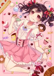 Rule 34 | 10s, 1girl, :q, black hair, bobby socks, bow, candy, center frills, cupcake, doughnut, food, food on face, frills, hair bow, ice cream, lollipop, looking at viewer, love live!, love live! school idol festival, love live! school idol project, macaron, pudding, red eyes, sakura hiyori, short hair, smile, socks, solo, suspenders, tongue, tongue out, twintails, yazawa nico