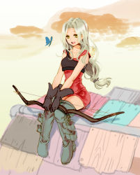Rule 34 | 1girl, archer (fft), boots, breasts, dress, final fantasy, final fantasy tactics, gloves, jolin0323, long hair, medium breasts, open mouth, silver hair, sitting, smile, solo, thigh boots, thighhighs, weapon, yellow eyes