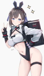 Rule 34 | 1girl, absurdres, animal ears, backpack, bag, bandeau, bee doushi, black bag, black gloves, blouse, blue eyes, brand name imitation, breasts, brown hair, cleavage, clothing request, commentary request, english text, fake animal ears, fingerless gloves, garter straps, gem, gloves, hair ornament, hand on own hip, highres, jacket, leotard, long sleeves, looking at viewer, medium breasts, mole, mole under eye, navel, original, parted lips, rabbit ears, shirt, short hair, shrug (clothing), simple background, star (symbol), thigh strap, v, white background, white jacket, white shirt