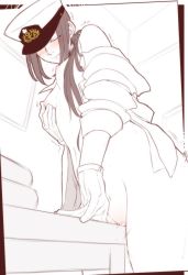 Rule 34 | 1girl, blush, breasts, commentary request, crotch rub, desk, female admiral (kancolle), female masturbation, gloves, hat, kantai collection, long hair, masturbation, military hat, naked shirt, navel, neko majin, nipples, office, peaked cap, pussy, pussy juice, grabbing own breast, shirt, small breasts, solo, table, table humping, uncensored