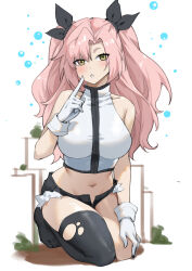 Rule 34 | 1girl, :o, alternate costume, bare arms, bare shoulders, black ribbon, black thighhighs, breasts, crop top, gloves, grey eyes, hair ribbon, hand up, highres, index finger raised, large breasts, linreplica, long hair, looking at viewer, midriff, navel, nicole demara, open fly, parted lips, pink hair, ribbon, seiza, shirt, single thighhigh, sitting, sleeveless, sleeveless shirt, solo, stomach, thighhighs, thighs, two side up, very long hair, white gloves, white shirt, zenless zone zero