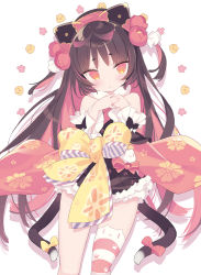 Rule 34 | 1girl, animal ear legwear, blade (galaxist), blush, bow, cat ear legwear, colored inner hair, flower, hair flower, hair ornament, hands up, long hair, looking at viewer, multicolored hair, nekoyama nae, own hands together, parted lips, pink bow, pink flower, red eyes, single thighhigh, solo, tail, tail bow, tail ornament, thighhighs, toranoana, two side up, virtual youtuber, yellow bow