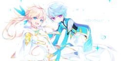 Rule 34 | 10s, 2boys, bishounen, blue eyes, earrings, feathers, fusion, highres, jewelry, kamui (tales of zestiria), long hair, male focus, mikleo (tales), multiple boys, name (oiuio), official alternate costume, open mouth, ponytail, purple eyes, short hair, smile, sorey (tales), tales of (series), tales of zestiria, very long hair, white hair