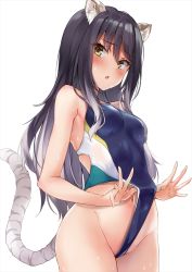 Rule 34 | 1girl, 3:, :o, animal ear fluff, animal ears, bare shoulders, black hair, blue one-piece swimsuit, blush, breasts, commentary, gradient hair, grey hair, highleg, highleg swimsuit, long hair, looking at viewer, marisasu (marisa0904), medium breasts, multicolored hair, navel, one-piece swimsuit, princess connect!, shiori (princess connect!), simple background, solo, striped tail, swimsuit, tail, thighs, tiger ears, tiger girl, tiger tail, white background, yellow eyes