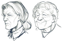 Rule 34 | 2girls, closed eyes, curly hair, frown, greyscale, low ponytail, monochrome, multiple girls, old, old woman, original, portrait, serious, sketch, smile, spacezin, wrinkled skin