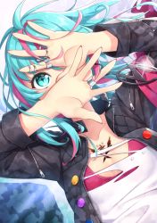 Rule 34 | + +, 1girl, bad id, bad pixiv id, black jacket, blue eyes, blue hair, blush, collarbone, commentary request, fingernails, glint, jacket, levka, long hair, long sleeves, looking at viewer, multicolored hair, nail polish, nanasaki nicole, one eye covered, open clothes, open jacket, pink hair, purple nails, shirt, solo, streaked hair, tokyo 7th sisters, torn clothes, torn shirt, white shirt