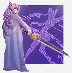 Rule 34 | 1girl, absurdres, alternate costume, artist name, ass, blue dress, border, commentary, cone hair bun, cosmikaizer, dress, english commentary, from behind, frown, genshin impact, grey border, hair behind ear, hair bun, highres, holding, holding sword, holding weapon, keqing (genshin impact), looking at viewer, looking back, purple eyes, purple hair, solo, sword, twintails, vietnamese dress, weapon
