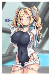 Rule 34 | aqua headwear, black one-piece swimsuit, black ribbon, blonde hair, blue eyes, border, breasts, competition swimsuit, cosplay, covered navel, cowboy shot, dated, drill hair, elbow gloves, garrison cap, gloves, hair ribbon, hat, highleg, highleg swimsuit, highres, honolulu (kancolle), impossible clothes, indoors, kantai collection, large breasts, long hair, montemasa, multicolored clothes, multicolored swimsuit, one-piece swimsuit, rei no pool, ribbon, scamp (kancolle), scamp (kancolle) (cosplay), shaka sign, short shorts, shorts, swimsuit, twin drills, twintails, twitter username, two-tone swimsuit, water, white border, white gloves, white one-piece swimsuit, white shorts