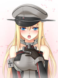 Rule 34 | 10s, 1girl, :o, bismarck (kancolle), blonde hair, blue eyes, blush, breasts, cross, detached sleeves, gloves, hanazome dotera, hand on own chest, hat, highres, iron cross, jewelry, kantai collection, long hair, looking at viewer, md5 mismatch, military, military hat, military uniform, open mouth, peaked cap, ring, solo, uniform, wedding band