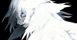 Rule 34 | 1boy, black background, blue eyes, colored skin, commentary request, enununu0, fang, feather hair, feathered wings, grey skin, head wings, highres, long hair, looking at viewer, male focus, multiple wings, original, simple background, slit pupils, solo, upper body, white hair, white wings, wings