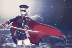Rule 34 | 1girl, azur lane, cape, closed mouth, commentary request, epaulettes, falling petals, fingerless gloves, foguba, frown, gloves, hair between eyes, hat, highres, holding, holding sword, holding weapon, katana, kinu (azur lane), kinu (retrofit) (azur lane), long sleeves, looking at viewer, low ponytail, medium hair, military, military hat, military uniform, petals, red gloves, shorts, solo, standing, sword, uniform, wading, water, weapon, white hair, yellow eyes