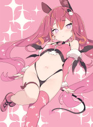 Rule 34 | 1girl, :d, aimani (vtuber), animal ears, bat wings, black panties, blade (galaxist), blush, closed mouth, commentary request, cross-shaped pupils, earrings, elbow gloves, fang, flower, gloves, hair ornament, hairclip, high-waist panties, highres, jewelry, long hair, looking at viewer, mel mellow, midriff, navel, open mouth, panties, pink background, pink theme, pointy ears, purple eyes, red flower, red gloves, red hair, red rose, red thighhighs, rose, single thighhigh, skin fang, smile, solo, star (symbol), stud earrings, symbol-shaped pupils, thigh strap, thighhighs, twintails, underwear, virtual youtuber, white flower, white rose, wings