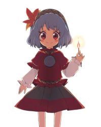 Rule 34 | 1girl, aged down, blush stickers, fire, fire, hair ornament, holding matchstick, long sleeves, looking at viewer, matches, matches, mirror, puffy sleeves, red eyes, rope, shimenawa, shirt, short hair, simple background, skirt, smile, solo, tatuhiro, touhou, white background, yasaka kanako